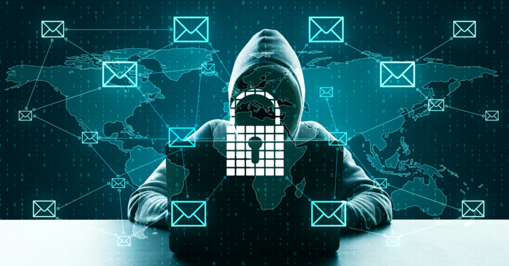Vorhangschlass mit E-Mails und anonymer Person